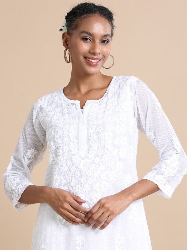 White 3/4th sleeves Kota Chikankari Loose fit Calf length Kurta