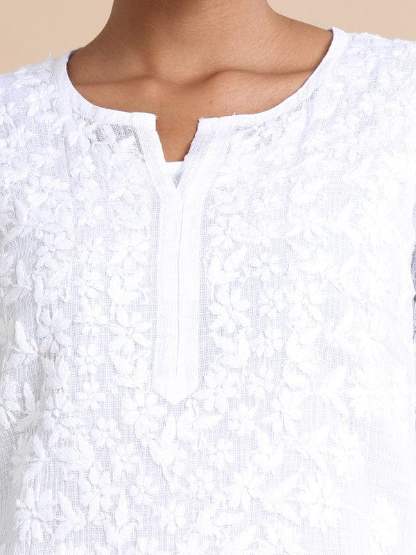 White 3/4th sleeves Kota Chikankari Loose fit Calf length Kurta