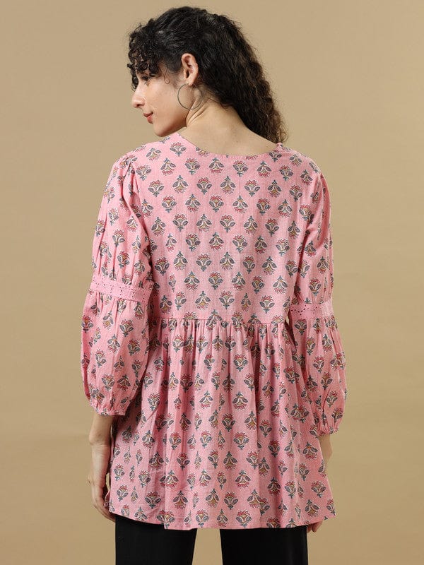 Pink 3/4th Sleeves Cotton Block print Regular fit Hip length Tunic