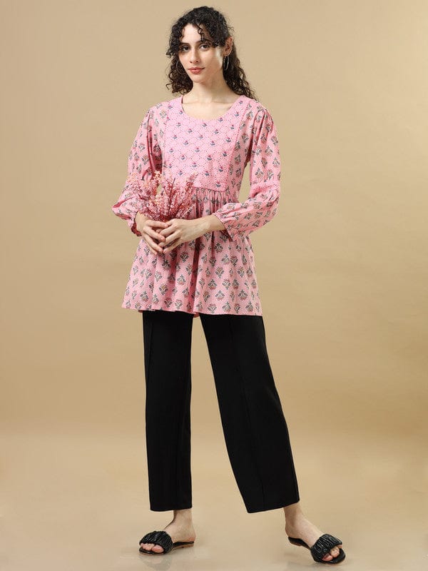 Pink 3/4th Sleeves Cotton Block print Regular fit Hip length Tunic