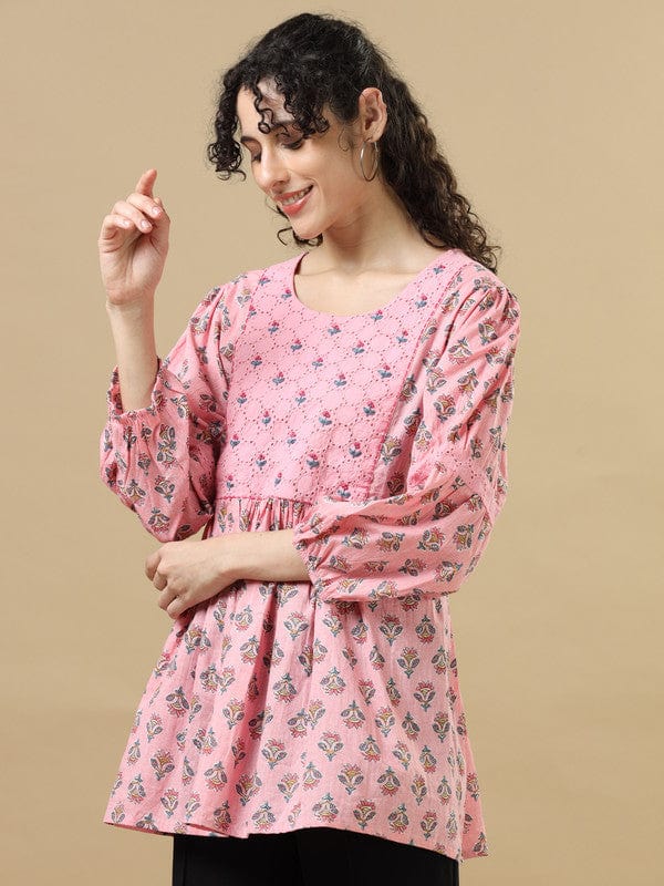 Pink 3/4th Sleeves Cotton Block print Regular fit Hip length Tunic