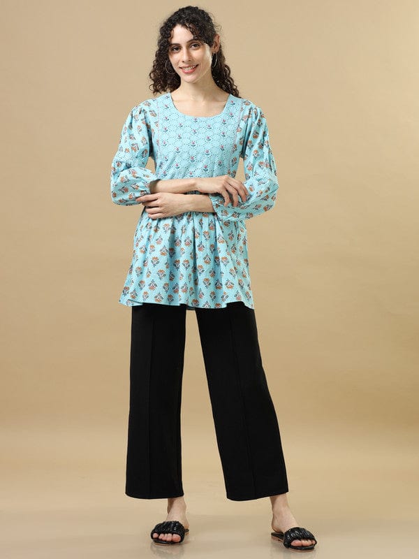 Sky 3/4th Sleeves Cotton Block print Regular fit Hip length Tunic