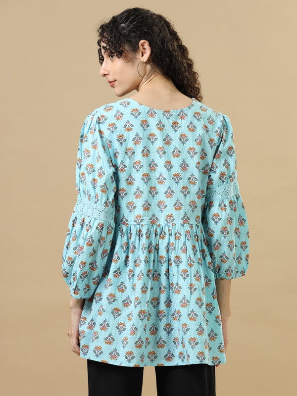 Sky 3/4th Sleeves Cotton Block print Regular fit Hip length Tunic