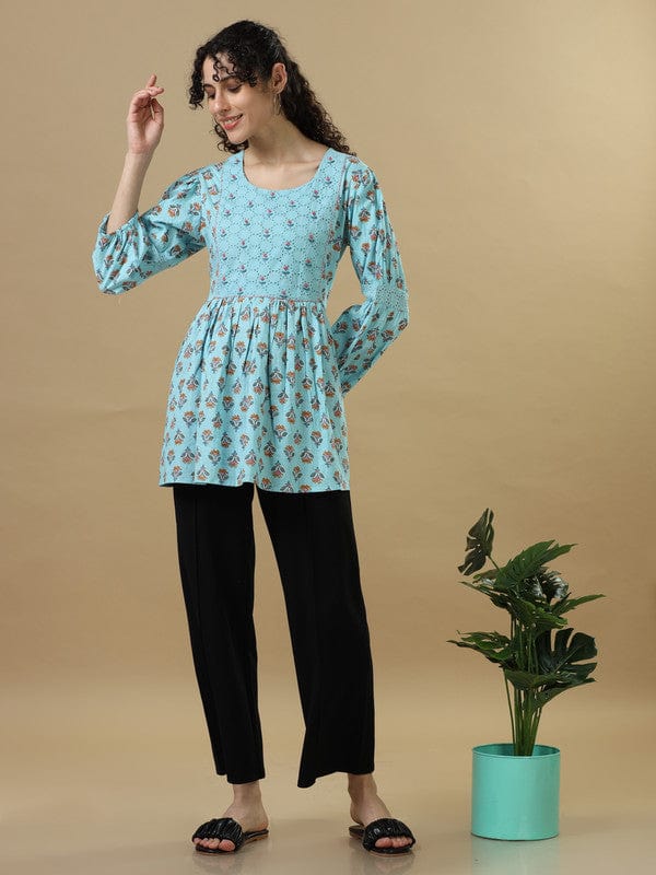 Sky 3/4th Sleeves Cotton Block print Regular fit Hip length Tunic