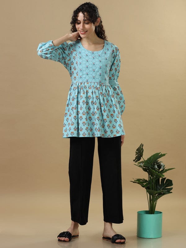 Sky 3/4th Sleeves Cotton Block print Regular fit Hip length Tunic