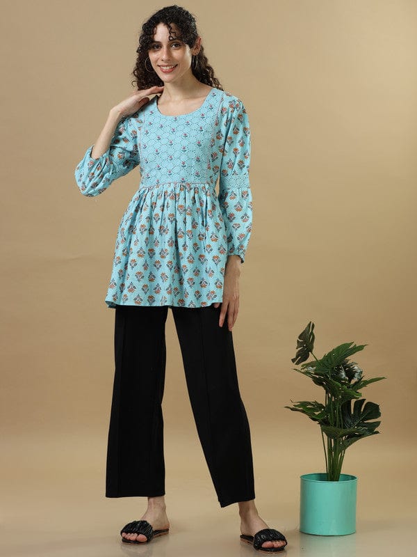 Sky 3/4th Sleeves Cotton Block print Regular fit Hip length Tunic