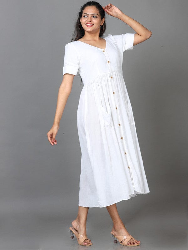 White Short Sleeves Lenin Solid Regular fit Calf length Gown