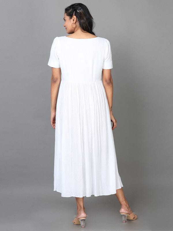 White Short Sleeves Lenin Solid Regular fit Calf length Gown