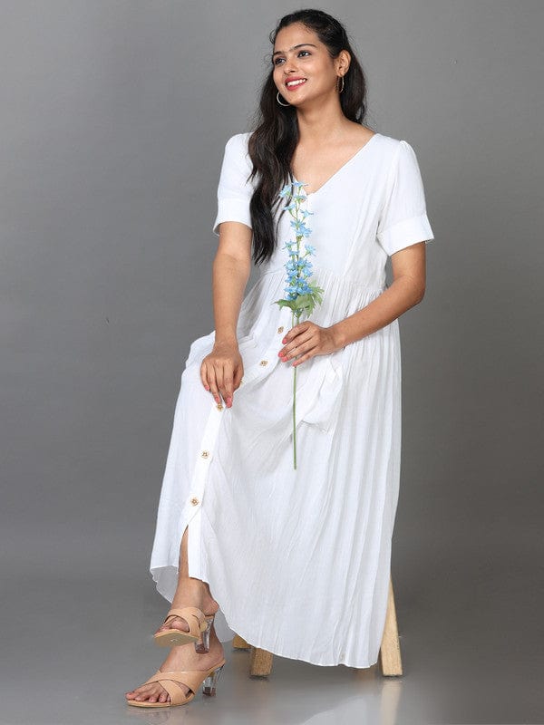 White Short Sleeves Lenin Solid Regular fit Calf length Gown