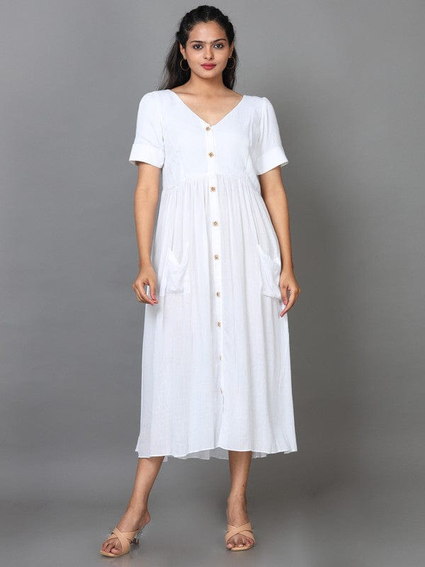 White Short Sleeves Lenin Solid Regular fit Calf length Gown