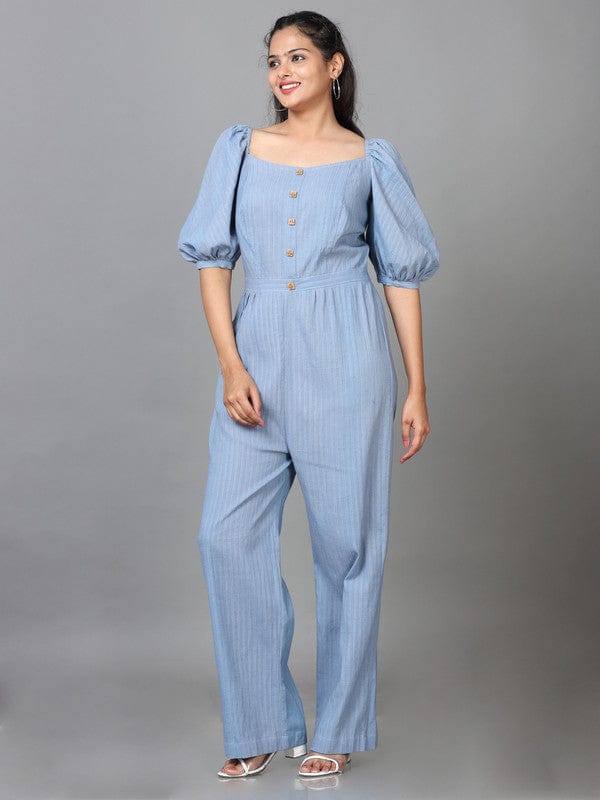 Steel Blue Elbow Sleeves Dobby Solid Regular fit Ankle length Jump suit