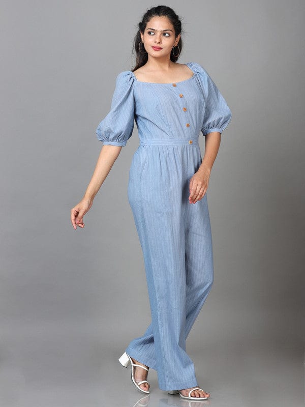 Steel Blue Elbow Sleeves Dobby Solid Regular fit Ankle length Jump suit