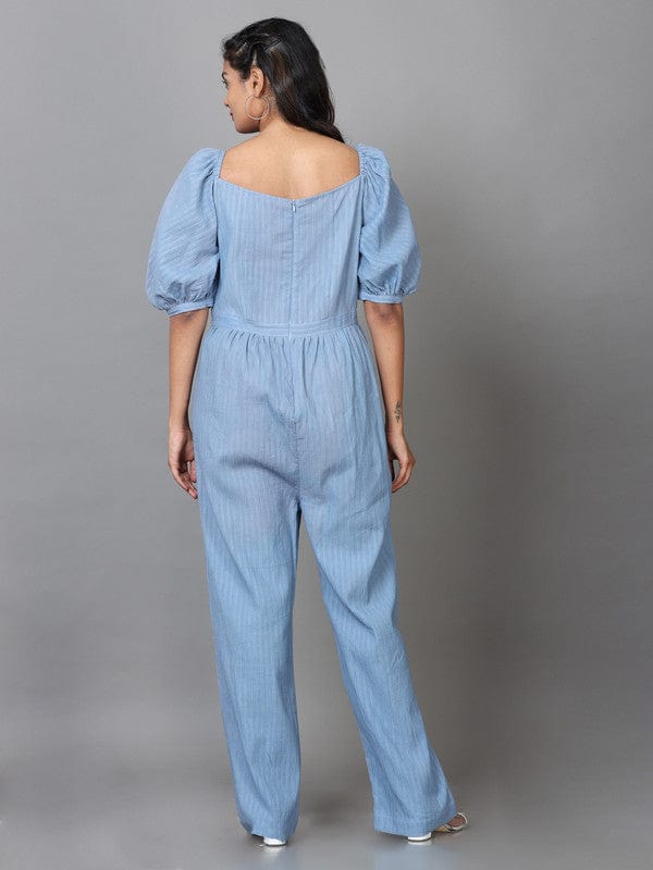 Steel Blue Elbow Sleeves Dobby Solid Regular fit Ankle length Jump suit