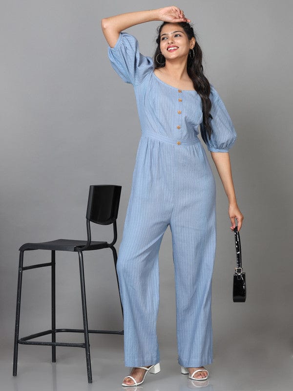 Steel Blue Elbow Sleeves Dobby Solid Regular fit Ankle length Jump suit