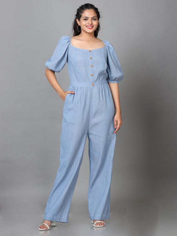 Steel Blue Elbow Sleeves Dobby Solid Regular fit Ankle length Jump suit