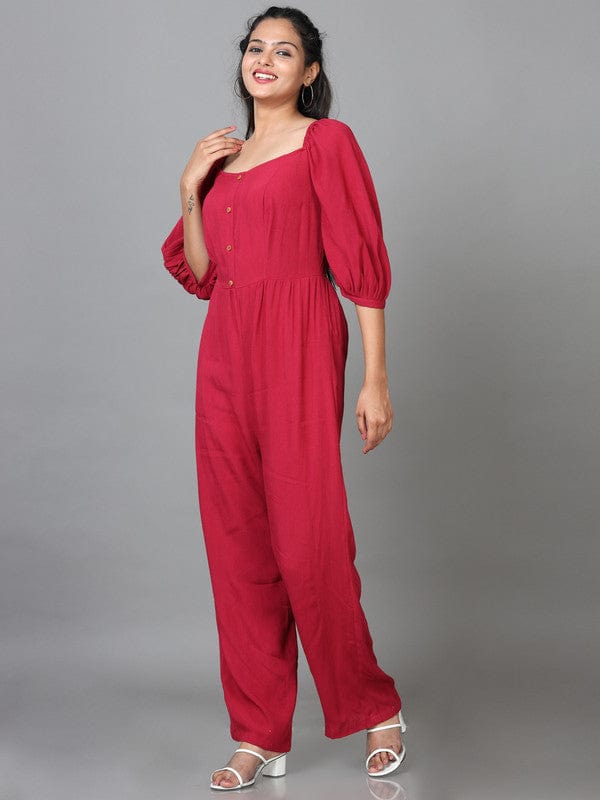 Blood Red Elbow Sleeves Cotton Solid Regular fit Ankle length Jump suit