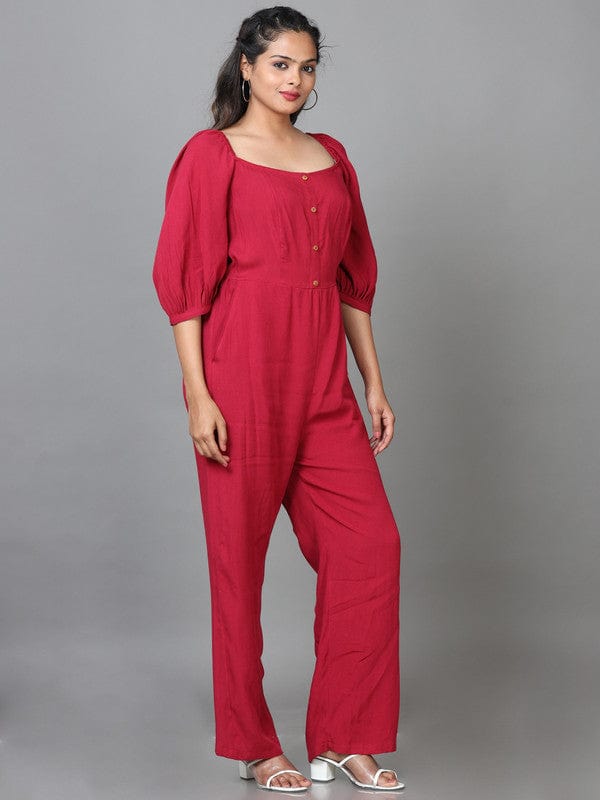 Blood Red Elbow Sleeves Cotton Solid Regular fit Ankle length Jump suit