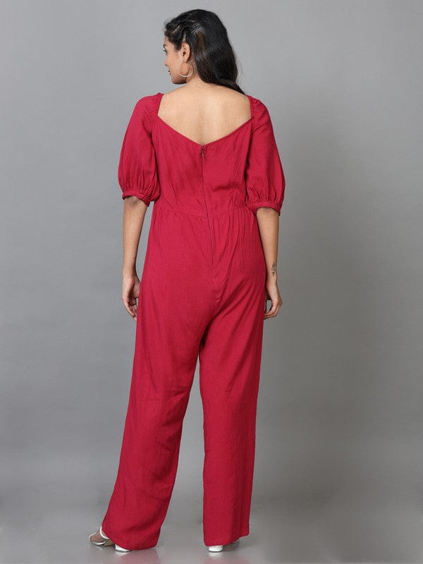 Blood Red Elbow Sleeves Cotton Solid Regular fit Ankle length Jump suit