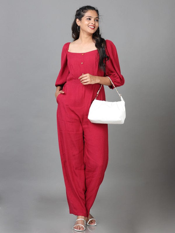 Blood Red Elbow Sleeves Cotton Solid Regular fit Ankle length Jump suit