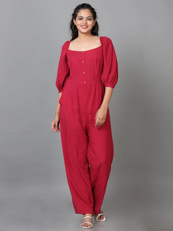 Blood Red Elbow Sleeves Cotton Solid Regular fit Ankle length Jump suit