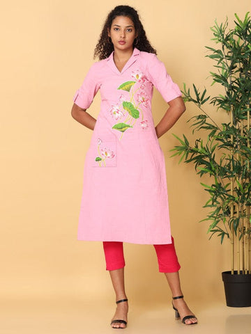 Hassu's Women Pink Elbow Sleeves Cotton Floral Print Regular Calf Length Notched Shirt Collar Kurta