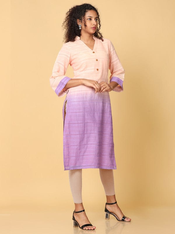 Peach 3/4th Sleeves Dobby Kantha work Regular fit Calf length Kurta