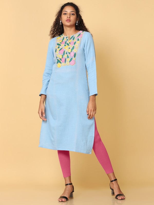 Hassu's Women Sky Blue Full Sleeves Cotton Floral Embroidery Regular Calf Length Henley Neck Kurta