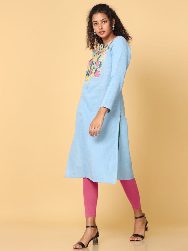 Hassu's Women Sky Blue Full Sleeves Cotton Floral Embroidery Regular Calf Length Henley Neck Kurta