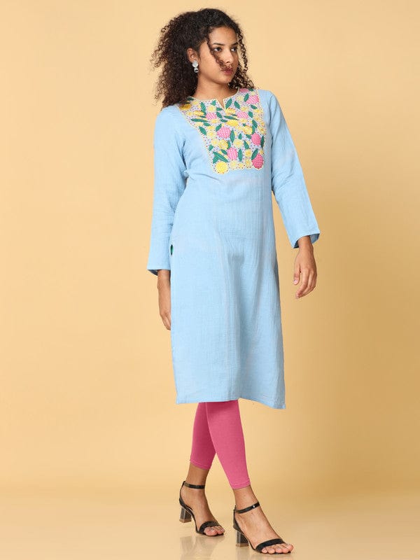 Hassu's Women Sky Blue Full Sleeves Cotton Floral Embroidery Regular Calf Length Henley Neck Kurta