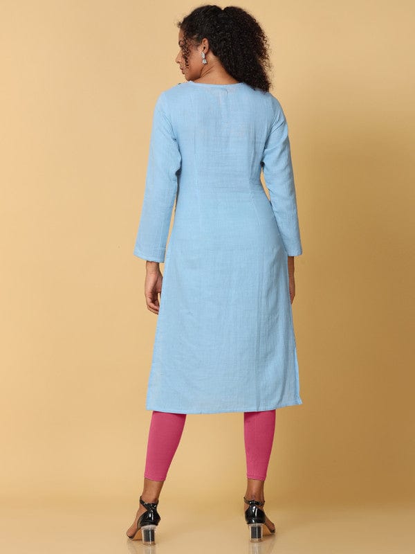 Hassu's Women Sky Blue Full Sleeves Cotton Floral Embroidery Regular Calf Length Henley Neck Kurta