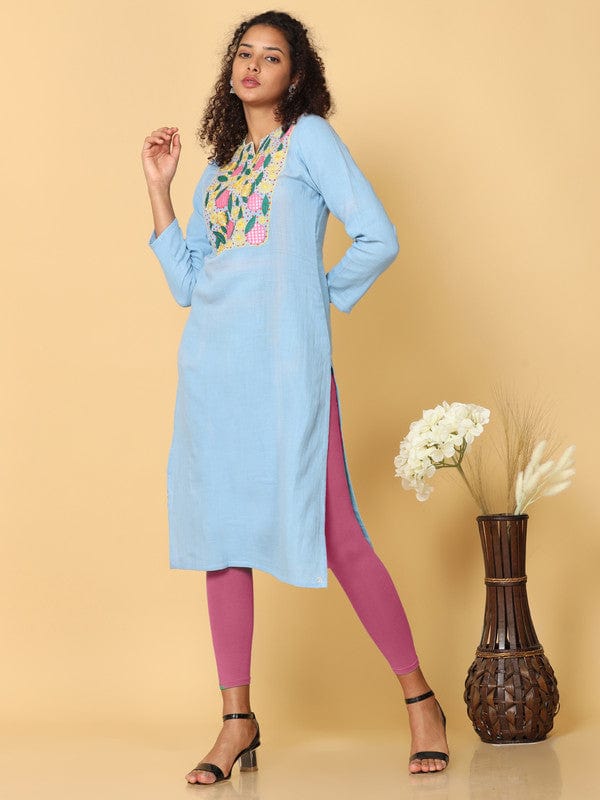 Hassu's Women Sky Blue Full Sleeves Cotton Floral Embroidery Regular Calf Length Henley Neck Kurta