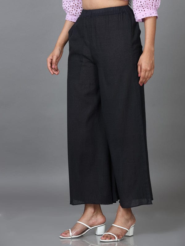 Black Cotton Solid Regular Ankle Palazzo