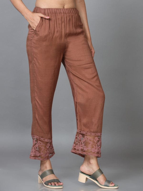 Brown Raw Silk Solid Regular Ankle Palazzo