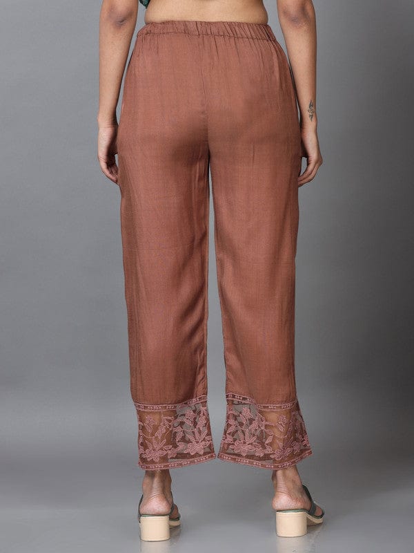 Brown Raw Silk Solid Regular Ankle Palazzo