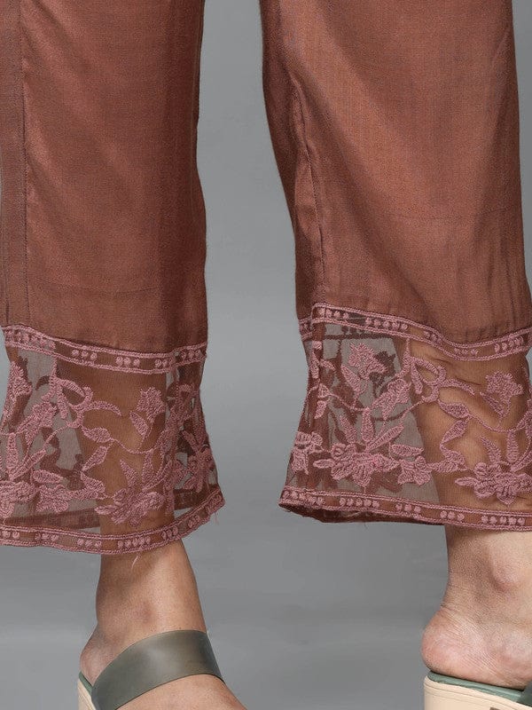 Brown Raw Silk Solid Regular Ankle Palazzo