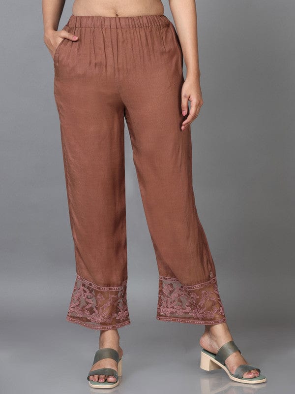 Brown Raw Silk Solid Regular Ankle Palazzo