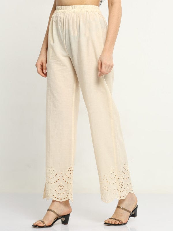 Cream Cotton Solid Regular Ankle Palazzo