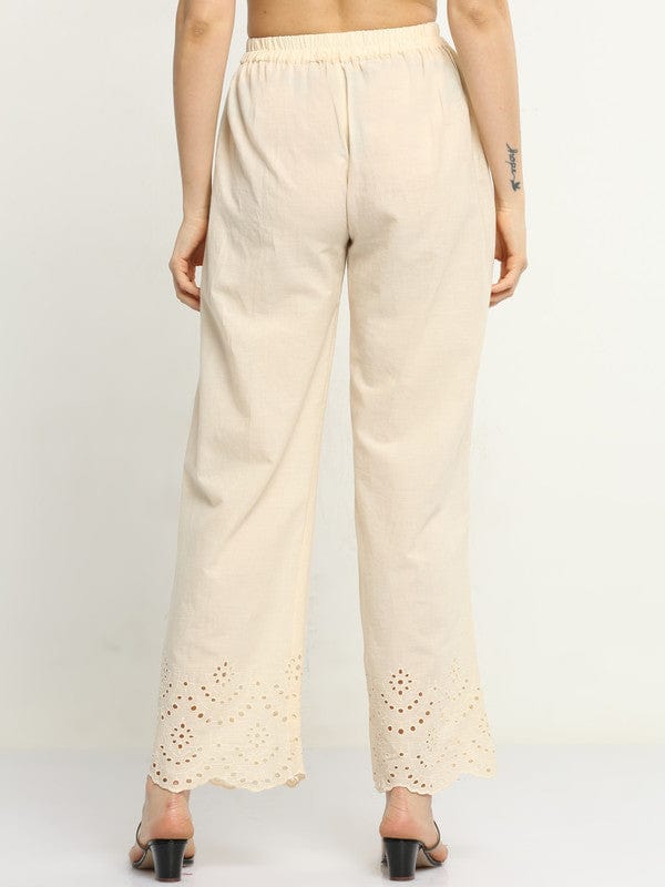 Cream Cotton Solid Regular Ankle Palazzo