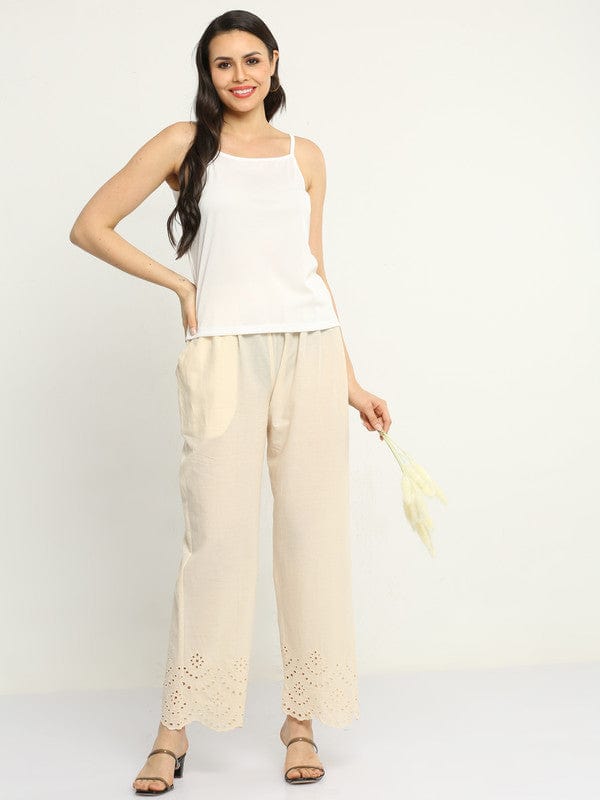 Cream Cotton Solid Regular Ankle Palazzo