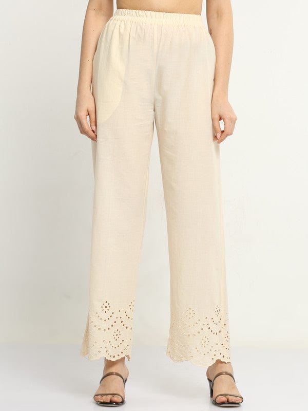 Cream Cotton Solid Regular Ankle Palazzo