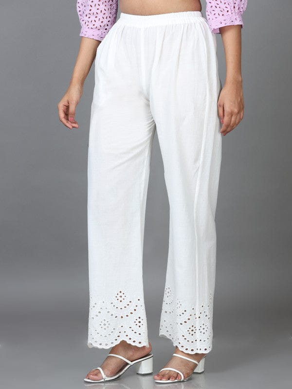 White Cotton Solid Regular Ankle Palazzo