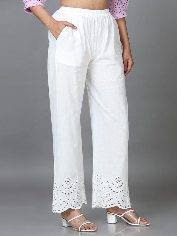 White Cotton Solid Regular Ankle Palazzo