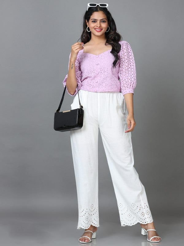 White Cotton Solid Regular Ankle Palazzo